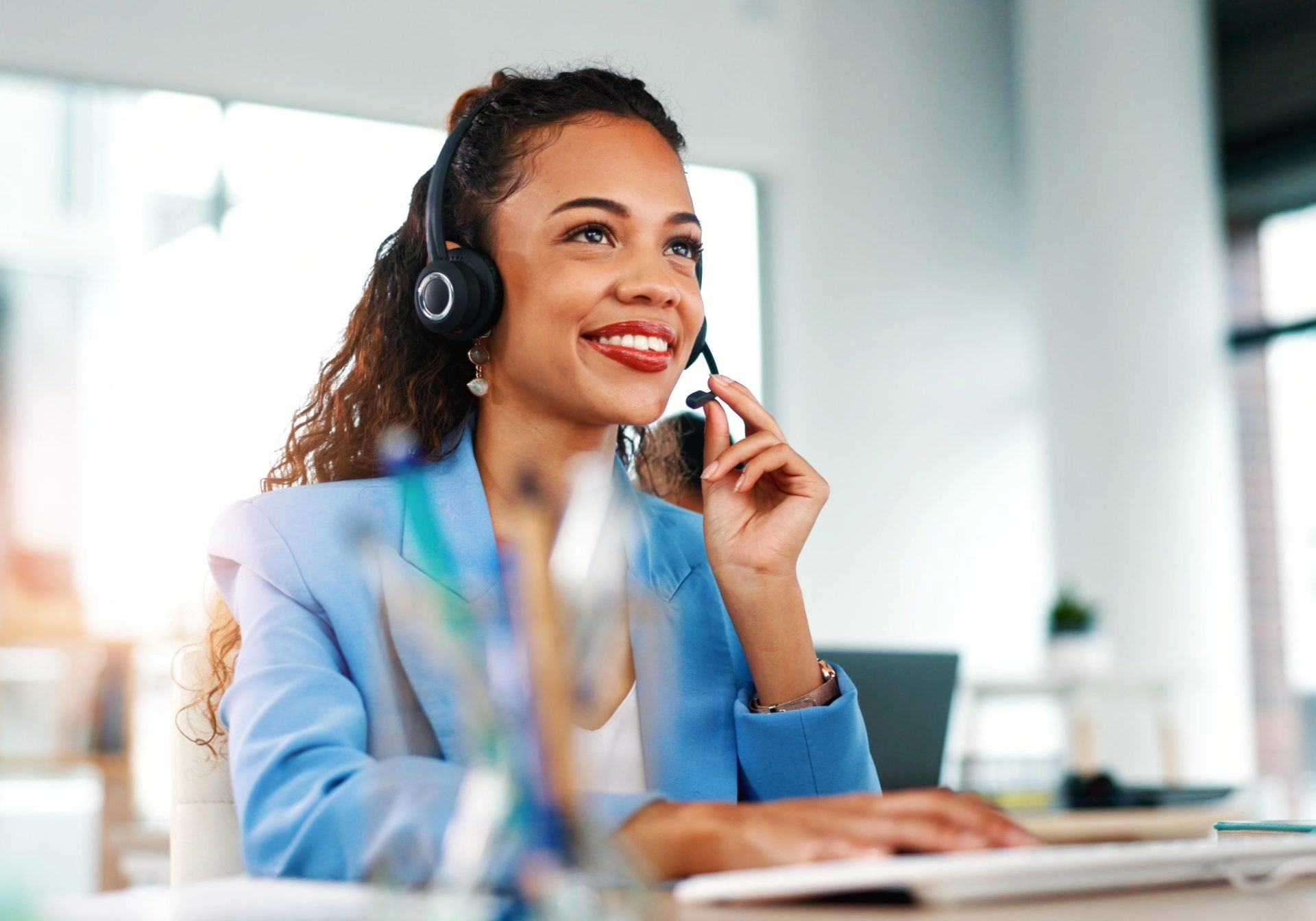 customer service answering call with headset